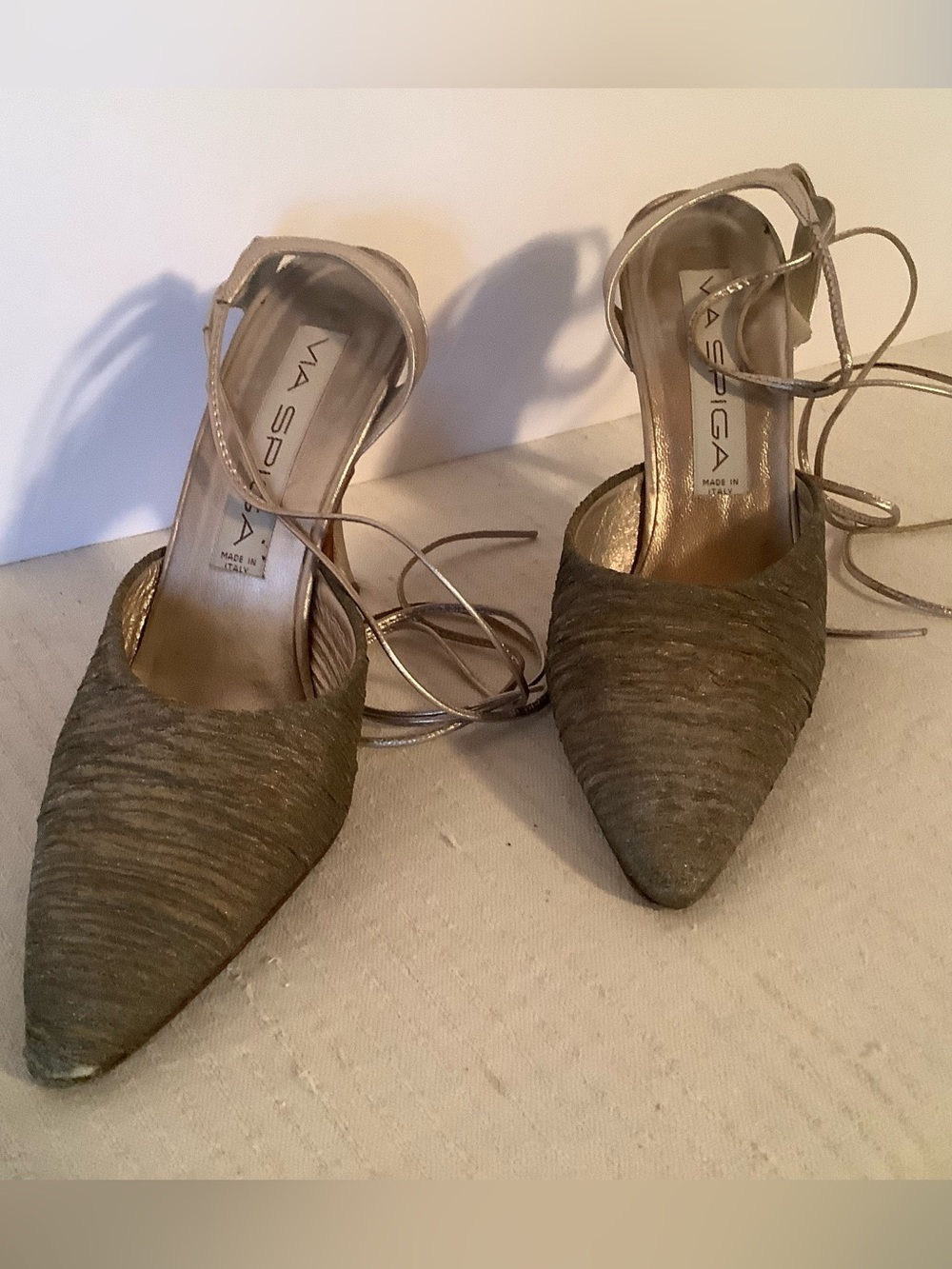 Via Spiga Silver Leather, Platinum Gold Rouch Fabric Lace-up Pointed Toe Heel 7